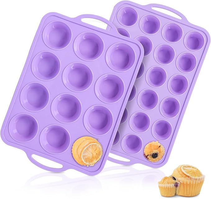 2 Pack Silicone Muffin Pan 12 and 24 Cup with Metal Frame, Non Stick Silicone Mini Cupcake Pan with Handles, BPA Free Silicon Regular Muffin Tin Tray Small for baking, egg bites, Mold Purple