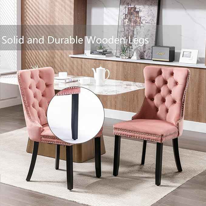 Pink Velvet Dining Chairs Set of 2, Upholstered Dining Room Chairs with Back Ring Pull Trim and Solid Wood Legs, Tufted Wingback Kitchen Chairs for Dining Room,Living Room,Kitchen(Pink)