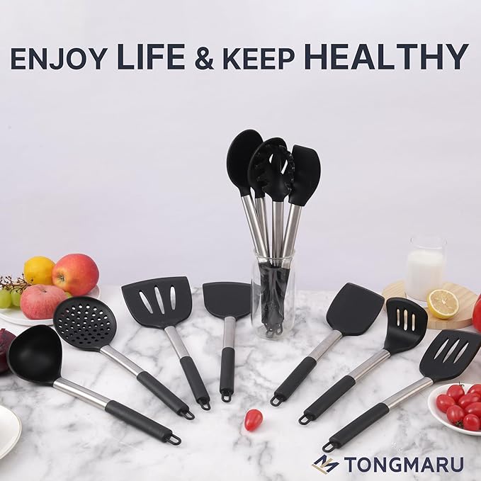 Large Silicone Kitchen Cooking Utensils Set, 11 pcs Cooking Utensils, Kitchen Tools Gadgets for Nonstick Cookware, Spatula, Turner, Masher, Ladle, Strainer, Server, BPA FREE, Dishwasher Safe (Black)