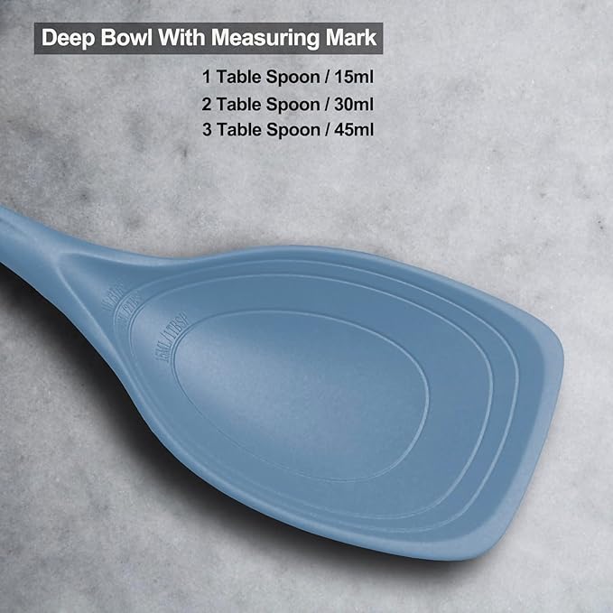 Large Silicone Cooking Spoon, Non-Stick Solid Spoon set with Deep Bolw and Measurement Mark for Mixing, Serving, Draining, Scooping, Scraping, Heat Resistant Kitchen Utensils, Starry Blue
