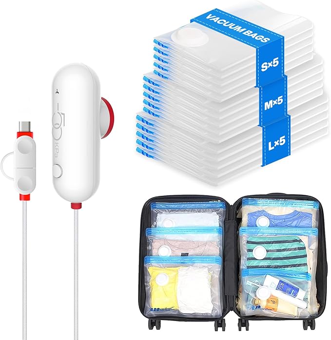 VMstr 15 Pack Travel Vacuum Storage Bags with USB Pump, Vacuum Packing Seal for Luggage and Suitcase, Space Saver for Clothes and Clothing Travel