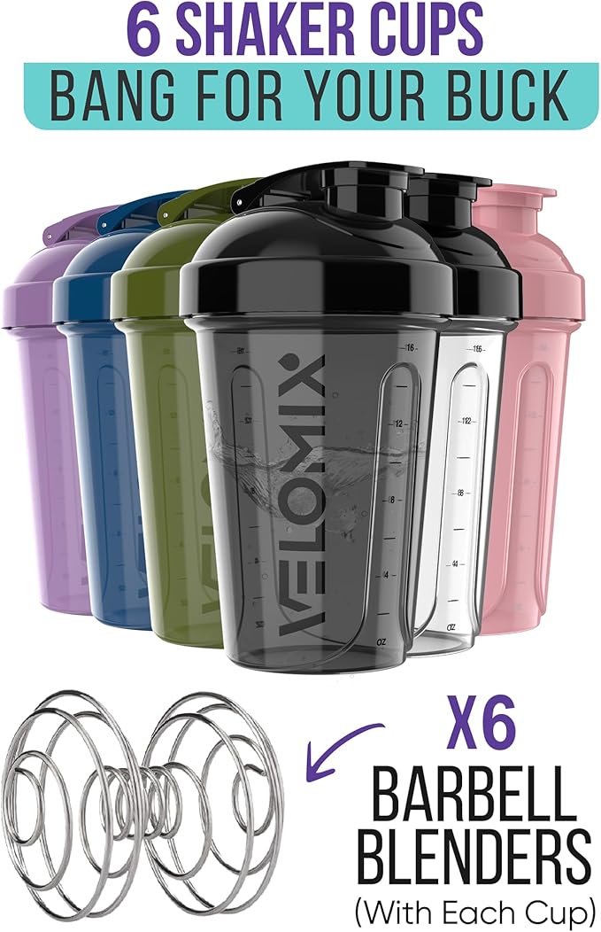 VELOMIX -6 PACK- Shaker Cups for Protein Shakes 20 oz - 6x Wire Whisk | Leak Proof Protein Shaker Bottle for Protein Shakes, Shaker Bottle Pack for Pre & Post Workout, Shaker Cup (Muted Contrast)