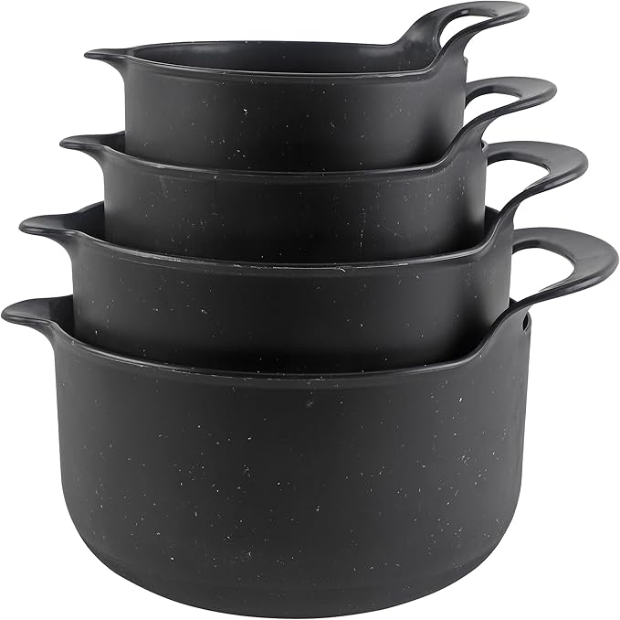 COOK WITH COLOR Nesting Plastic Mixing Bowl Set with Pour Spouts and Handles, Black Speckled, 4 Piece Non-Slip