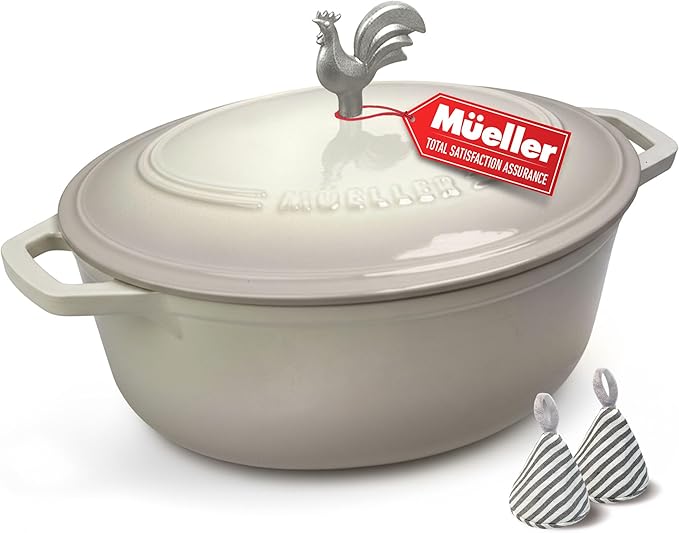 MUELLER HOME 5.5 Quart Enameled Cast Iron Oval Dutch Oven with Rooster Knob & Cotton Potholders, Heavy-Duty Cookware, Oven-Safe up to 500° F & Across All Cooktops, Gifts for Grandma & Women, White