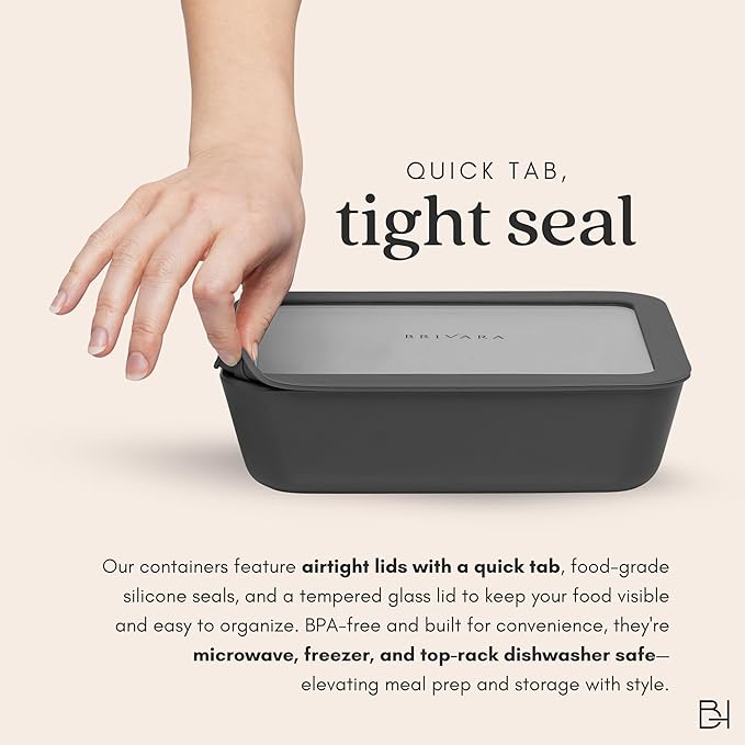 Ceramic Coated Glass Food Storage Containers | No PTFE, PFOA, PFAS, and BPA | Reusable Non Toxic Meal Prep Containers with Glass Lids | Easy To Store | 10 Piece Set [Onyx]