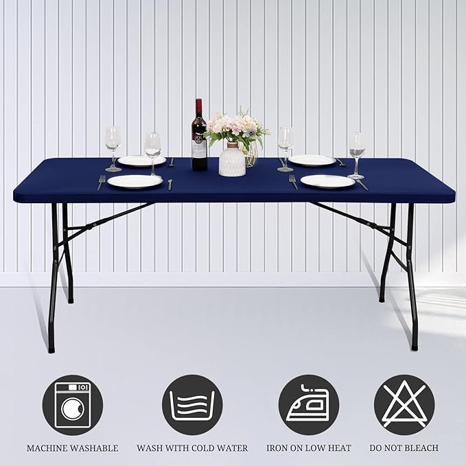 6 Pack Stretch Fabric Table Top Cap Cover, fits 6' Tables, Spandex Table Covers Washable Elastic Rectangle Tablecloth Protector for Indoor Outdoor Party Picnic Wedding, Navy Blue, 30" W x 72" L