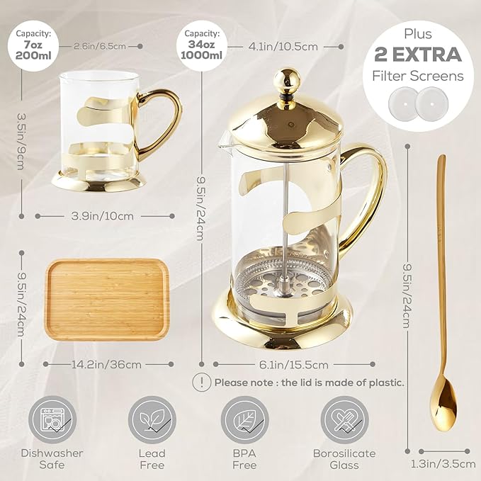 DUJUST Gold French Press Set with 6 Cups & 1 Tray, Luxury Design Coffee Maker Set with 4-Level Filter System, Hot&Cold Resistant Glass French Coffee Press Set, Well Packed, Holiday Gift & Home Décor