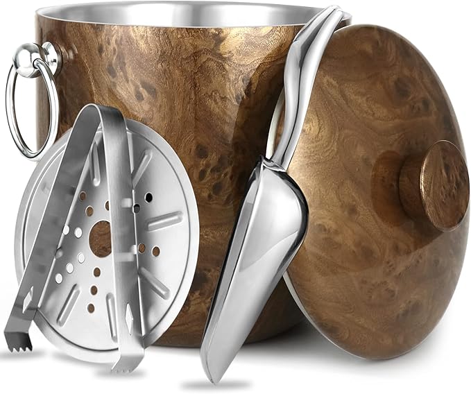 Ice Bucket with Lid, Scoop, Tongs and Strainer - Well Made Insulated Stainless Steel Keep Ice Frozen Longer - Ideal for Cocktail Bar, Parties, Chilling Wine, Champagne - 3 Liter (Teakwood)