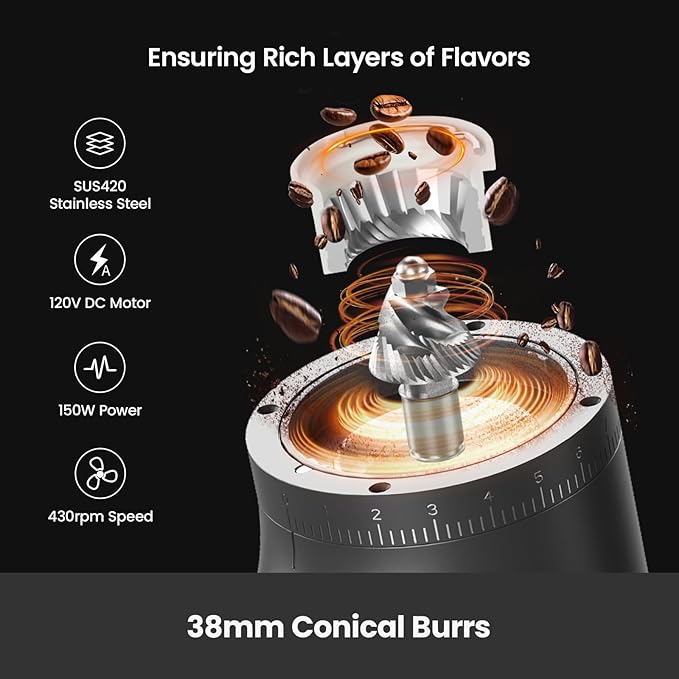 Gemilai Electric Conical Burr Coffee Grinder, Coffee Bean Grinder with Smart 60S Timer, 60 Precise Adjustable Grind Settings for Espresso, 2-12 Cup, Easy to Clean, Durable & Quiet, G9010B Grey