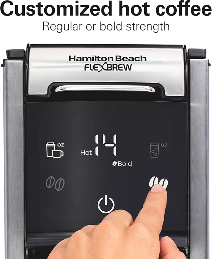 Hamilton Beach FlexBrew Advanced 4-in-1 Single Serve Hot & Iced Coffee Maker with Removable 45 oz. Water Reservoir, Use Pod Packs and Grounds, Fast Brewing, LED Touchscreen, Black (49925)