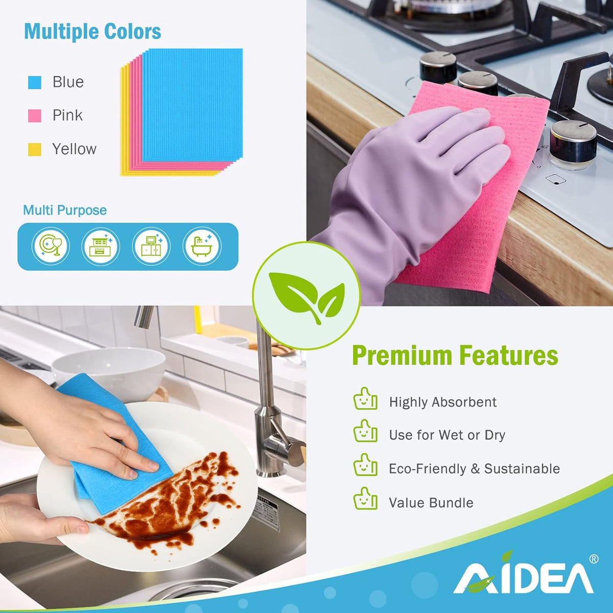 AIDEA Swedish Dishcloths for Kitchen, 20PK, Reusable Paper Towels, Kitchen Washcloths Dish Rags, Eco Friendly No Odor Reusable Cleaning Cloths, Cellulose Sponge Cloths, 7"×6"