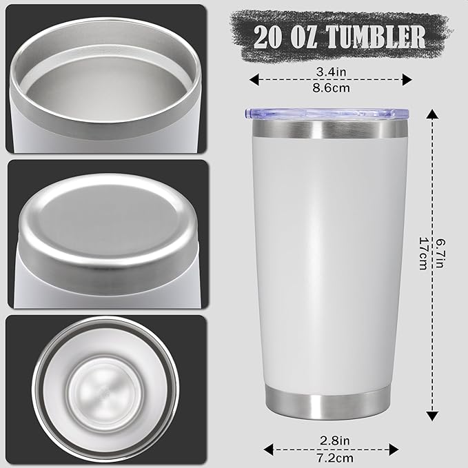 20 oz Tumbler Coffee Travel Tumblers Bulk with Lid Stainless Steel Double Wall Vacuum Insulated Mug Powder Coated Cups fit Car Cupholder for Hot and Cold - White, 8Pack