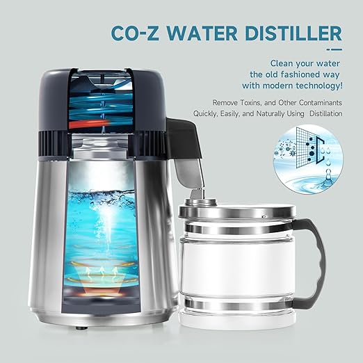 CO-Z 4L Brushed Stainless Steel Countertop Distiller Machine, Home Distilled Water Maker with Glass Pot, Purifier to Make Clean Water