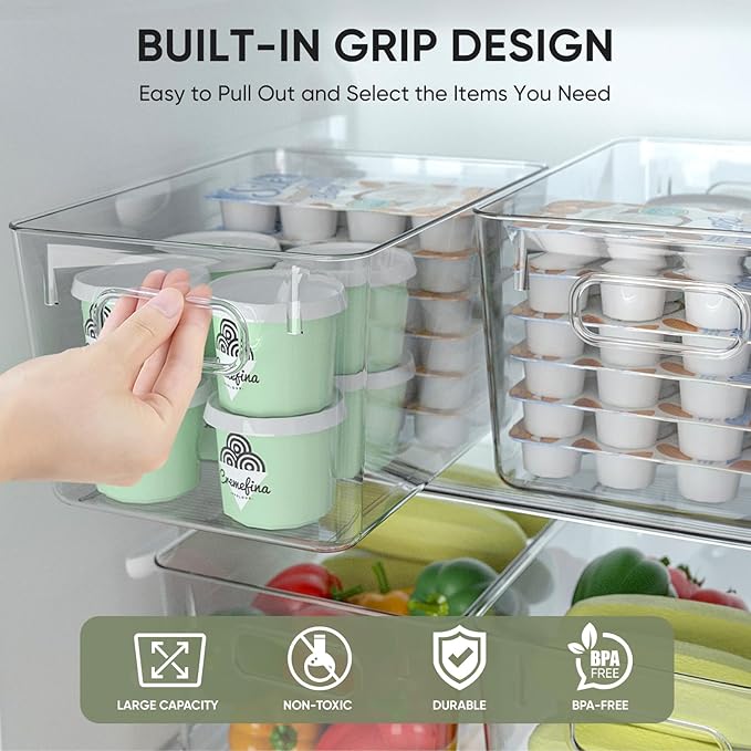 BALEINE Clear Plastic Storage Bins, Pantry Organization, BPA Free Stackable Refrigerator Organizers and Storage with Handles for Kitchen Fridge Cabinet Bathroom (8PK, 11x7.5x6)