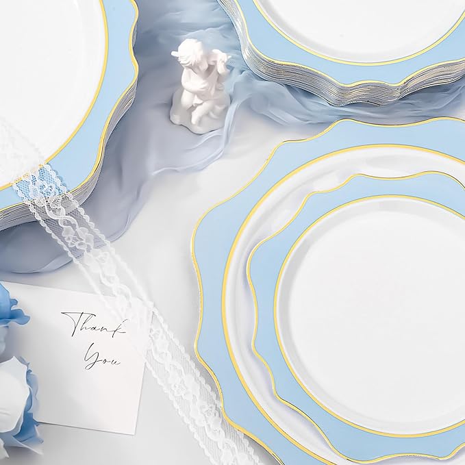 100 PCS White and Blue Disposable Plates for 50 Guests, Scalloped Plastic Plates Include 50 Dinner Plates and 50 Dessert Plates for Party, Wedding and Graduation