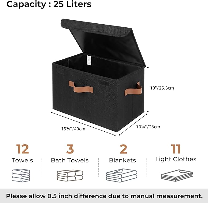 GRANNY SAYS Storage Bins with Lids, Decorative Storage Boxes with PU Handles, Black Storage Bin, Linen Closet Organizer, Shelf Baskets, Fabric Storage Bins for Clothes