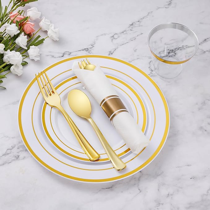 Goodluck 700 Piece Gold Plastic Dinnerware Set for 100 Guests, Disposable Plates for Party, Include: 100 Dinner Plates, 100 Dessert Plates, 100 Pre Rolled Napkins with Silverware, 100 Cups