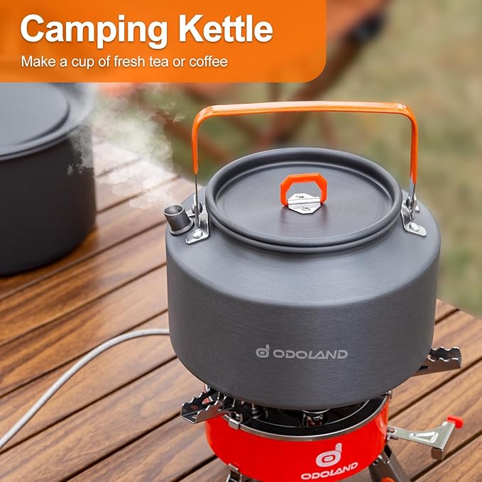 Odoland Camping Cookware Mess Kit, Camping Cooking Pot Fry Pan and 1.1L Kettle Set, Portable Camping Cookware Set with Mesh Bag for Camping, Backpacking, Outdoor Cooking and Picnic