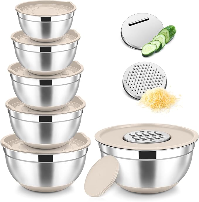 TeamFar Mixing Bowls, 6 PCS Stainless Steel Nesting Salad Bowl with Lids & 3 Graters, For Kitchen Cooking Serving Prepping, Airtight & Non-Slip, Size 4.6/3.5/2/1.5/1/0.7 QT, Khaki