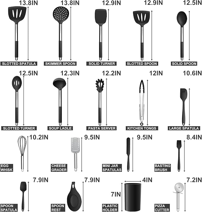 Silicone Kitchen Utensils Set, E-far 30-Piece Cooking Utensils Set with Holder, Heat Resistant Kitchen Spatulas Turner Tong Spoon Whisk Ladle for Nonstick Cookware, Stainless Steel Handle (Black)