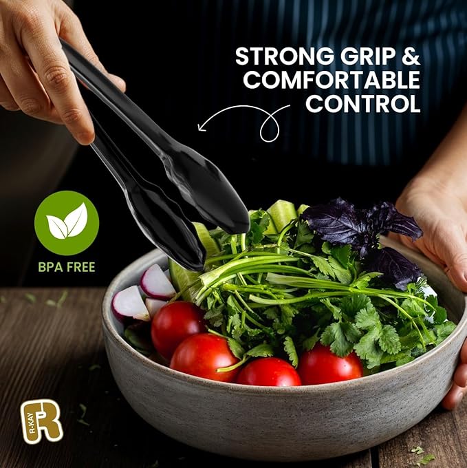 12 Pack Large Plastic Serving Tongs For Buffet - Plastic Serving Utensils For Hot And Cold Food - Disposable Serving Tongs For Parties, Holidays And Gatherings (Black)