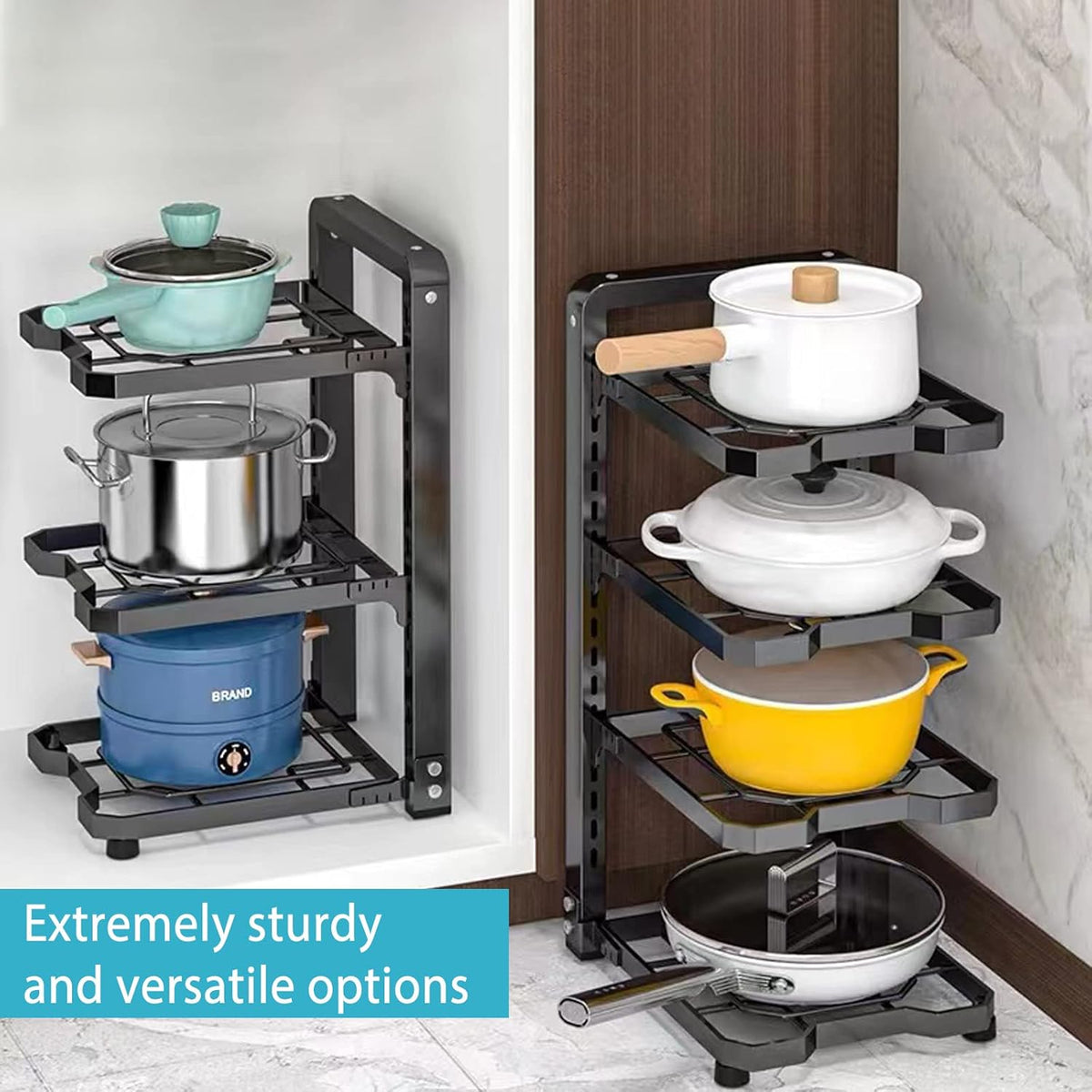 2 Pack Pot and Pan Organizer Rack, Heavy Duty Carbon Steel, Adjustable Tiers, Rustproof, Space Saver