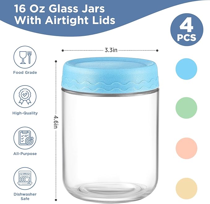 DRKIO 16 Oz Overnight Oats Containers with Lids - 4 Pack Glass Storage Jars with Airtight Lids Wide Mouth Mason Food Jars Great for Meal Prep Salad Chia Pudding Snacks Yogurt Sugar Spice Cereal