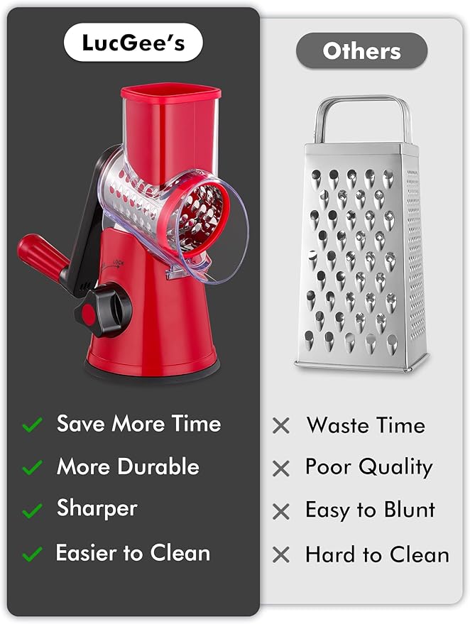 Rotary Cheese Grater with Handle - 3 in 1 Cheese Shredder Rotary Grater Stainless Steel Handheld, Vegetable Slicer for Fruit, Cheese, Nuts(Red)