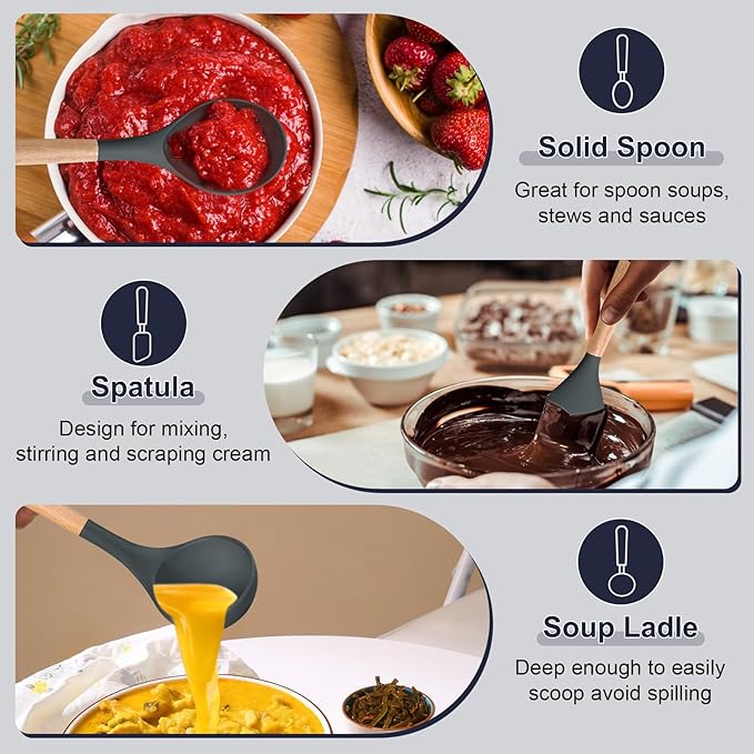 P&P CHEF Cooking Utensils Set, 6 PCS Kitchen Utensils with Wooden Handle, Silicone Spatula for Nonstick Cookware, Easy Clean & Non-toxic, Gray