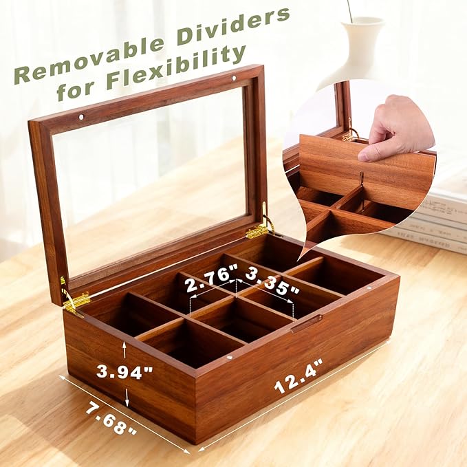 LANNEY Tea Bag Organizer - Acacia Wooden Tea Box Organizer Storage Box, Bag Holder Container with 8 Removable Compartments, Clear Window and Magnetic Lid for Coffee Sugar Countertop Kitchen Cabinet