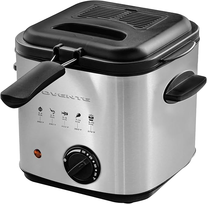 OVENTE Electric Deep Fryer, 1.5L Capacity, 800W with Adjustable Temperature, Viewing Window Lid, Removable Frying Basket & Cool-Touch Handles, Stainless Steel Countertop Fryer, Silver FDM1501BR