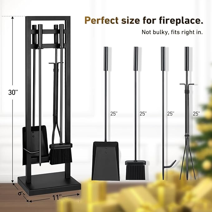 FEED GARDEN Fireplace Tools Set 5 Pieces, 30 Inch Modern Wrought Iron Outdoor Fireplace Accessories Set Long Holder Indoor with Poker, Tongs, Shovel, Brush, Base Black
