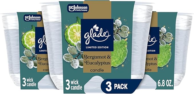 Glade 3-Wick Scented Candle Jar, Bergamot & Eucalyptus, Air Freshener Infused with Essential Oils, 6.8 Oz, 3 Count