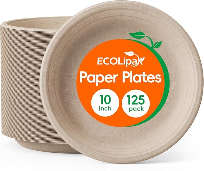 ECOLipak 125 Pack Paper Plates 10 inch 100% Compostable, Heavy-Duty Dinner Plates Disposable Bagasse Deep Dish Natural Biodegradable Eco-Friendly Sugarcane (Brown)