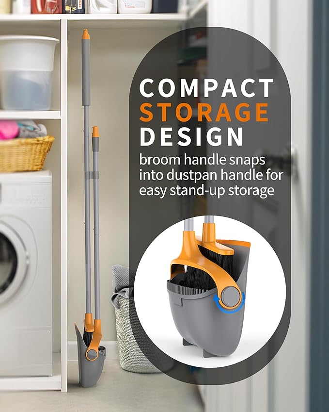 MR.SIGA Broom and Dustpan Set with Long Handle, Stand Upright Broom with Dustpan Combo for Cleaning Office, Garage, Lobby, Lightweight Sweeping Set, 51.7"(131 cm) Long Handle, Gray & Orange