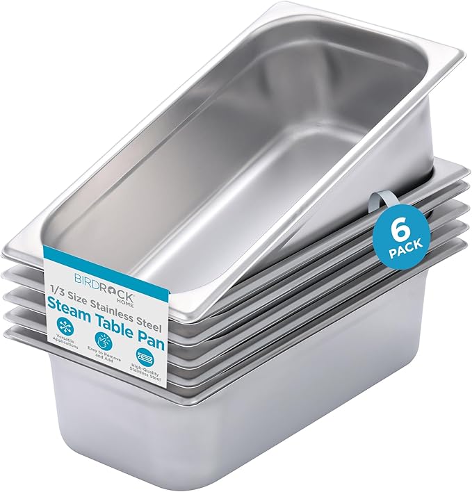 BIRDROCK HOME Stainless Steel Steam Table Pan - Hotel, Restaurant & Catering Supplies - 24 Gauge Steel, 4.1 qt Capacity - Meal Prep, Cooking, &Food Storage Container - 4" Depth, 1/3-Size (6 Pack)