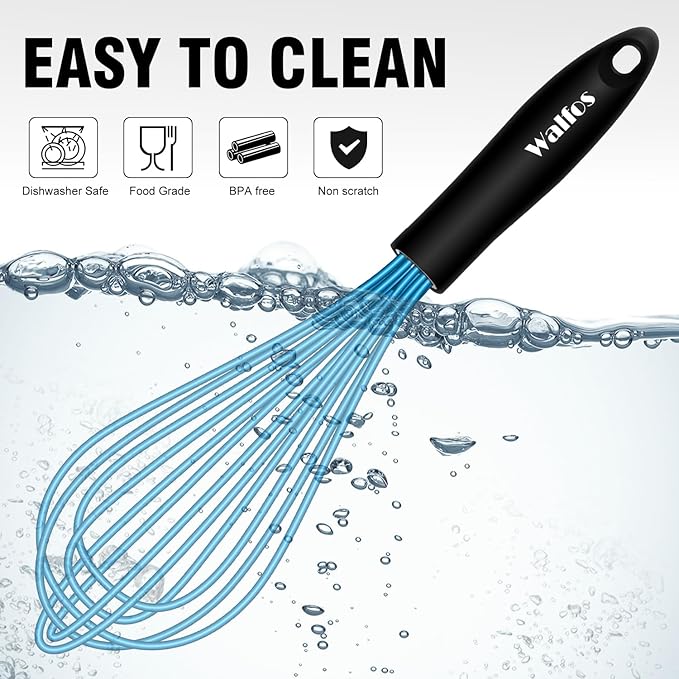 Walfos Silicone Whisk, Sturdy Stainless Steel Wire Kitchen Whisks, Heat Resistant up to 480℉ Whisk For Cooking Non Scratch, Multicolor 5+7+9+11in Whisks & 5+7in Mini Wisk, Great for home baking.
