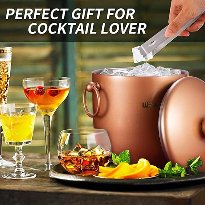 Ice Bucket with Lid, Scoop, Tongs and Strainer - Well Made Insulated Stainless Steel Keep Ice Frozen Longer - Ideal for Cocktail Bar, Parties, Chilling Wine, Champagne - 3 Liter (Copper)