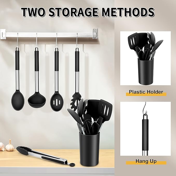 Silicone Cooking Utensils Set, E-far 14-Piece Black Kitchen Utensils Set with Holder, Kitchen Tools Spatulas with Stainless Steel Handle for Non-stick Cookware, Heat Resistant & Dishwasher safe