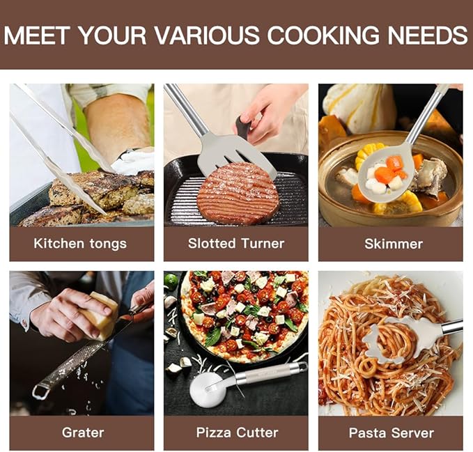 Kitchen Utensils Set-Silicone Cooking Utensils-33pcs Non-Stick Silicone Cooking Kitchen Utensils Spatula Set with Holder-Best Kitchen Cookware with Stainless Steel Handle (Khaki)