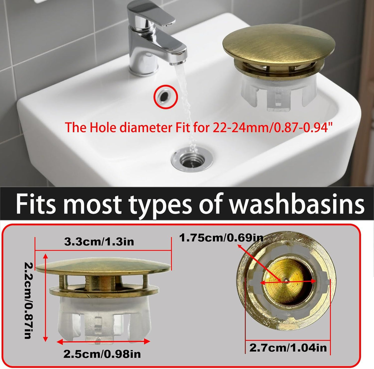 2 Pack Sink Basin Overflow Trim Ring,Solid Brass Bathroom Sink Trim Overflow Cover,Bathroom Kitchen Sink Trim Overfolow Cover Insert in Hole Round Caps(Gold)