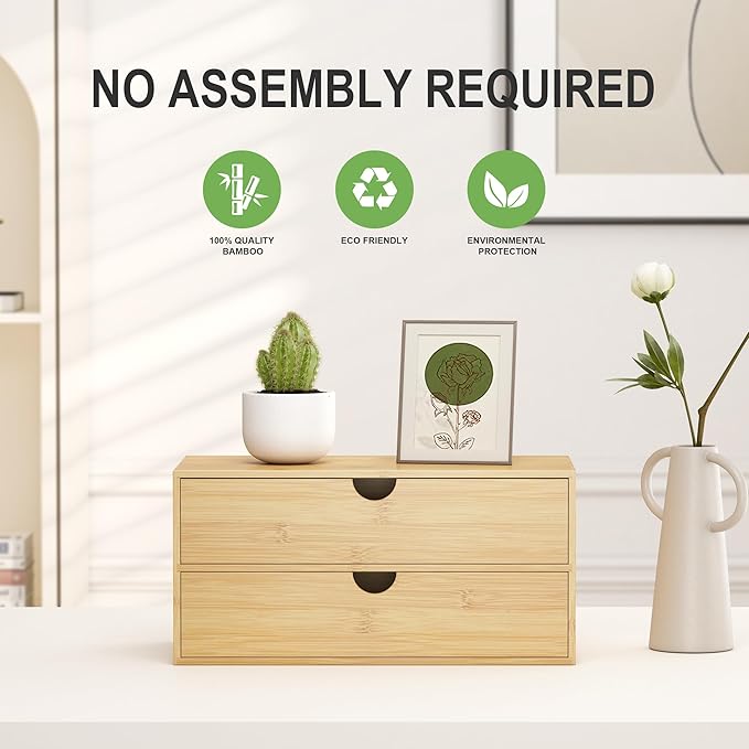 Wisuce Desk Organizer with Drawers - Bamboo Desktop Organizer Storage Natural Wood Desk Drawers Organizer for Bills, Office Supplies, Cosmetics, Seals No Assembly Required 3 Drawers（left-right)