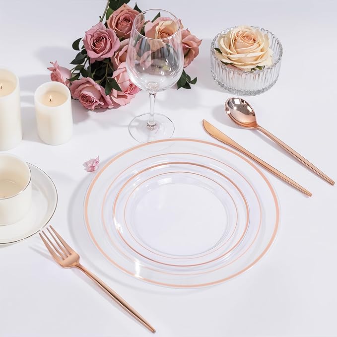PULOTE 150PCS Rose Gold Plastic Silverware Set - Heavy Duty Rose Gold Utensils - Plastic Cutlery Disposable - Include 50 Forks, 50 Knives, 50 Spoons for Party & Wedding