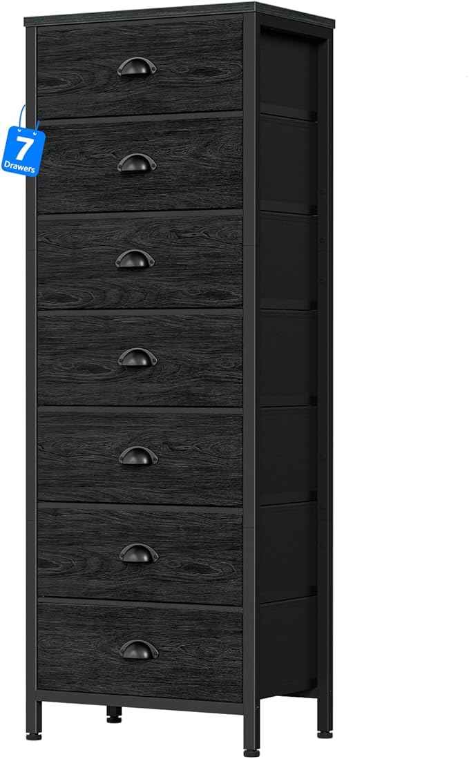 Furnulem Bedroom Dresser, Tall Chests of Drawers with 7 Fabric Bins, Black Organizer in Closet, Dorm, Living Room, Nursery, Hallyway-Storage Tower Unit, Sturdy Steel Frame