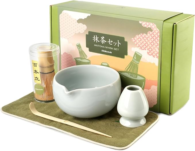 Matcha Whisk Set – Ceramic Matcha Set with Matcha Bowl, Matcha Whisk & Holder, Bamboo Scoop, Tea Towel – 5-Piece Japanese Matcha Kit for Matcha Lovers, Beginners & Gifting (Gray, 17oz)