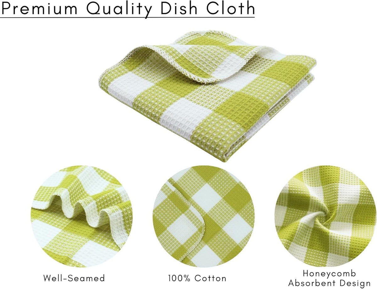 Waffle Weave Plaid Dish Cloths, 100% Cotton - 12 x 12 Inches, Ultra Soft Absorbent Quick Drying Dish Towels Buffalo Check Dish Rags for Kitchen, 6 Pack - Spring Summer - Light Green and White