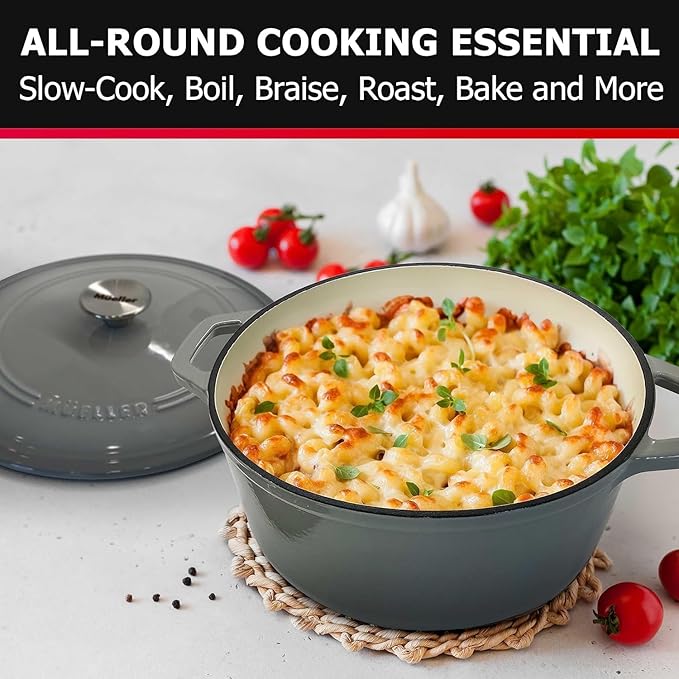 MUELLER HOME 7.5 QT Enameled Cast Iron Dutch Oven, Heavy-Duty, Oven-Safe up to 500° F & Across All Cooktops, Casserole Dish and Braiser Pan with Lid and Stainless Knob, Grey