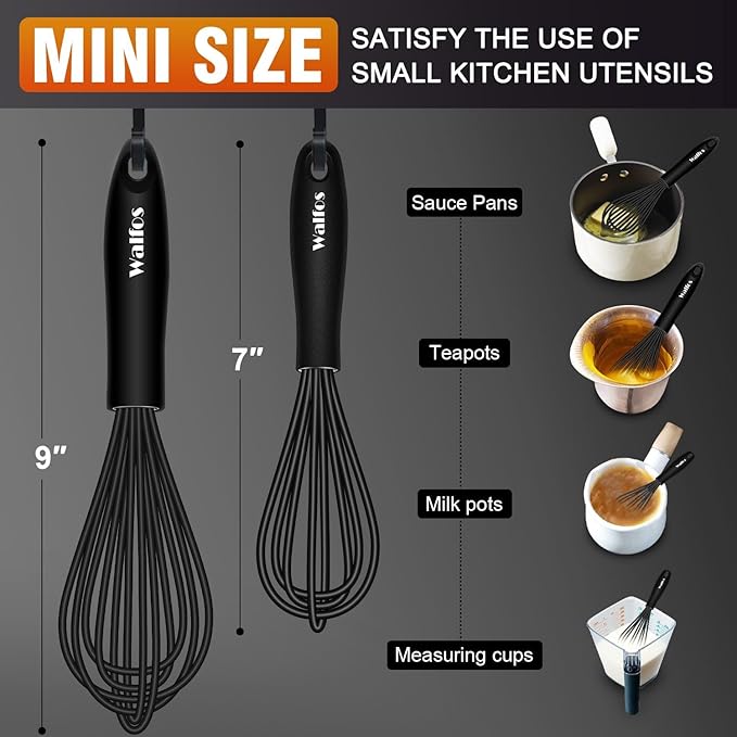 Walfos Silicone Whisk,7+9in Mini Whisk,BPA Free,Small Whisks for Non-Scratch,Heat Resistant (450°F) Nice for stirring individual eggs and mixing small amounts of powder and sauce.Dishwasher Safe.Black