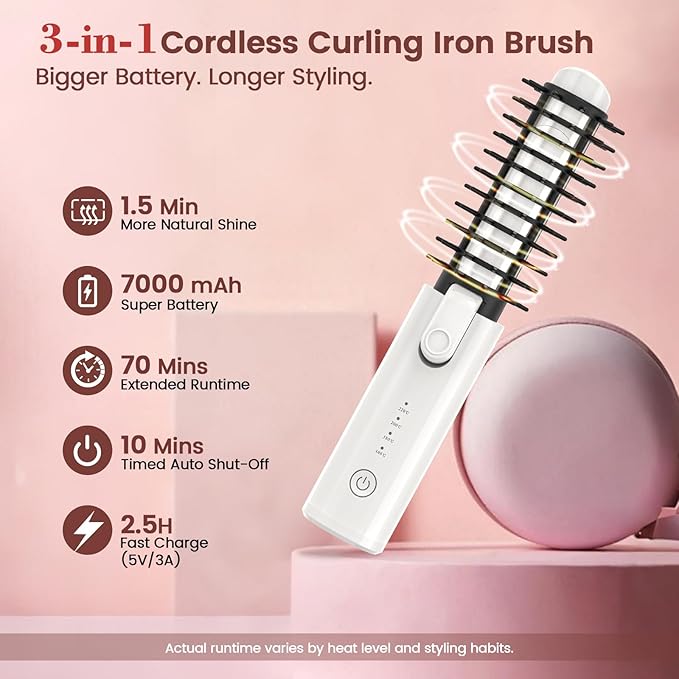 Youbella Cordless Hair Curling Iron Brush, Portable Travel Hair Curler, Mini 1.5″ Heated Round Brush, 3-in-1 USB Rechargeable Straightening Wand for Styling & Smoothing, 200 Million Ionic Care, White