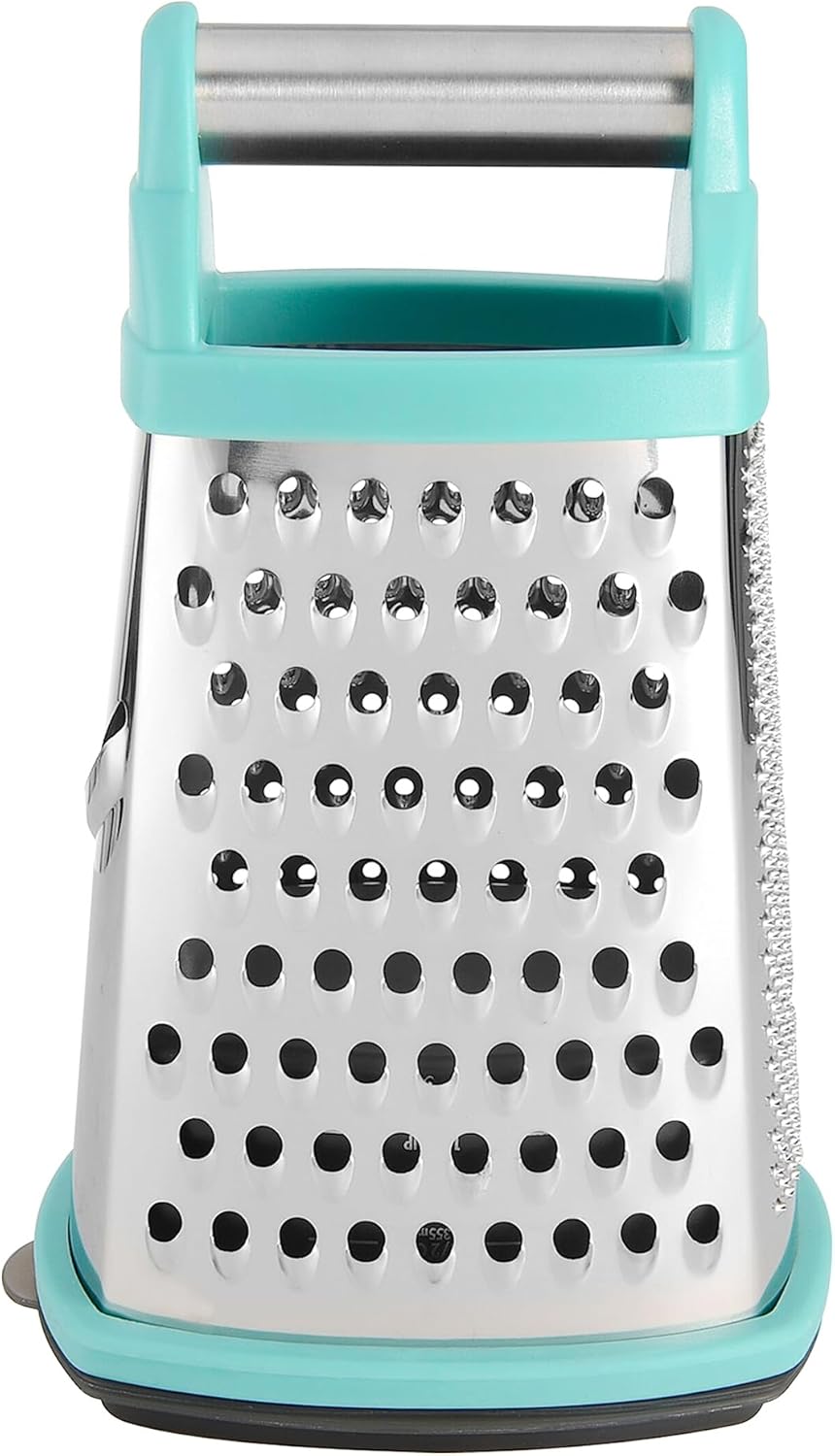 KitchenAid Gourmet 4-Sided Stainless Steel Box Grater for Fine, Medium and Coarse Grate, and Slicing, Detachable 3 Cup Storage Container and Measurment Markings, Dishwasher Safe, 10 inches tall, Aqua